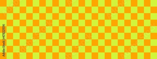 Checkerboard banner. Lime and Orange colors of checkerboard. Small squares, small cells. Chessboard, checkerboard texture. Squares pattern. Background.