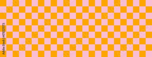Checkerboard banner. Pink and Orange colors of checkerboard. Small squares, small cells. Chessboard, checkerboard texture. Squares pattern. Background.