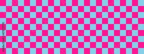 Checkerboard banner. Sky blue and Deep pink colors of checkerboard. Small squares, small cells. Chessboard, checkerboard texture. Squares pattern. Background.