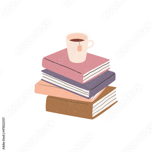 Hand drawn stack of books and a cup of tea