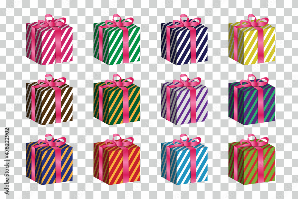 Fototapeta premium 3d gift box realistic set collection design vector graphic, with striped pattern