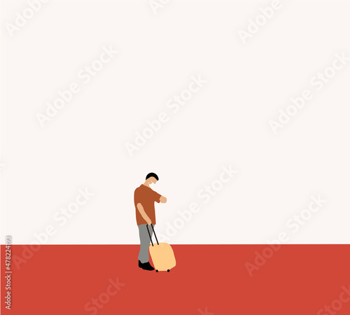 Man with a luggage checking the time on his watch at airport. Travel concept. Flat vector illustration.