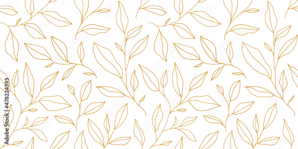Foto auf Acrylglas mit Nahtloses Muster mit einzeiligen Blättern. Vektor floraler Hintergrund im trendigen minimalistischen linearen Stil. #478224393