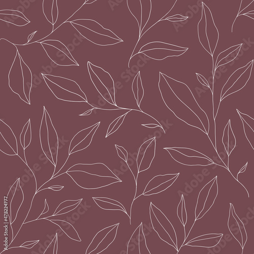 Seamless pattern with one line leaves. Vector floral background in trendy minimalistic linear style.