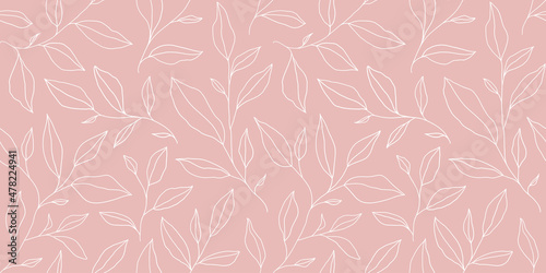 Seamless pattern with one line leaves. Vector floral background in trendy minimalistic linear style.