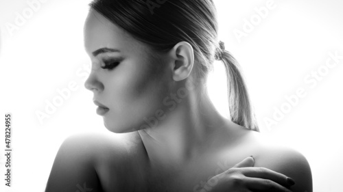 Sexy young woman black and white portrait.