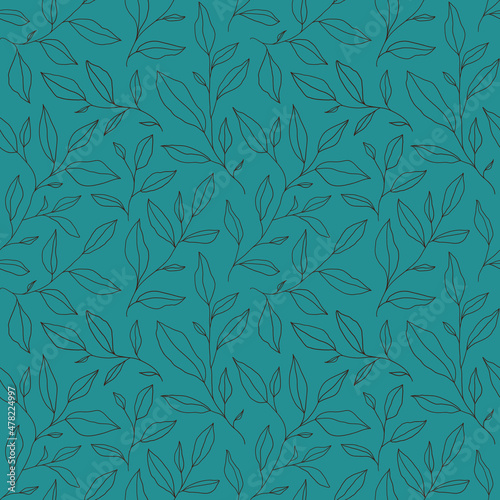 Seamless pattern with one line leaves. Vector floral background in trendy minimalistic linear style.