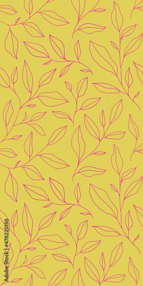 Naklejka premium Seamless pattern with one line leaves. Vector floral background in trendy minimalistic linear style.