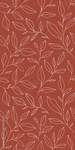 Seamless pattern with one line leaves. Vector floral background in trendy minimalistic linear style.