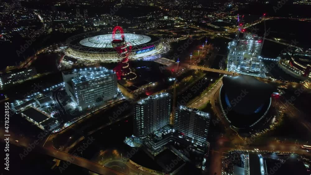West Ham United F.C. Stadium in Downtown London City, England - Aerial Night View