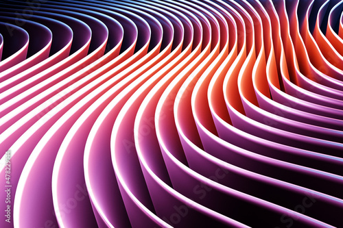 3d illustration of a stereo strip of different colors. Geometric stripes similar to waves. Abstract pink glowing crossing lines pattern © Виталий Сова