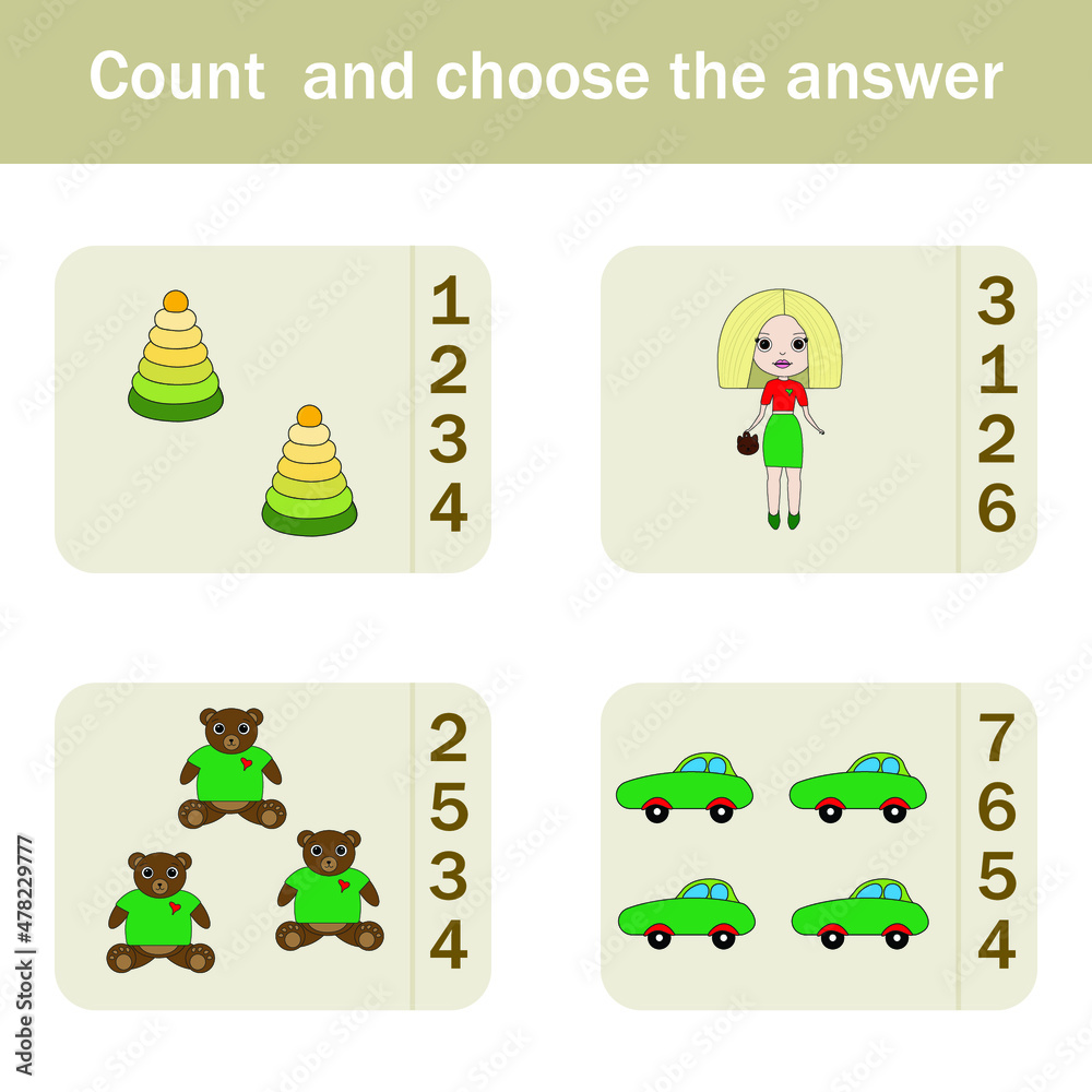 counting game with colorful toys.  Preschool worksheet, kids activity sheet, printable worksheet