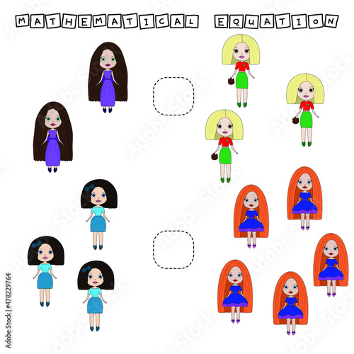Developing activities for children, compare which more  dolls. Logic game for children, mathematical inequalities.
