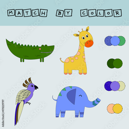 worksheet vector design  challenge to connect the  crocodile  giraffe  parrot  elephant with its color. Logic game for children.