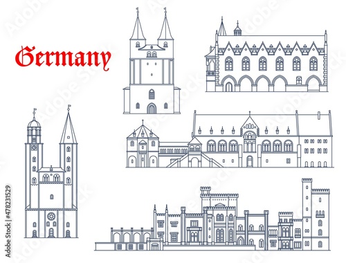 Germany architecture, Potsdam and Goslar landmarks, travel buildings icons. Marktkirche of Goslar, Kaiserpfalz Imperial Palace, Rathaus Town Hall and Babelsberg Schloss Palace in Potsdam. Vector photo