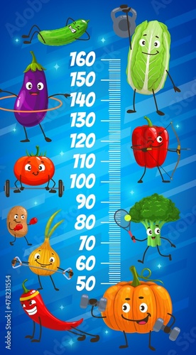 Kids height chart. Cartoon vegetables on fitness and sport, vector growth meter ruler with cabbage in gym, pumpkin training with barbells, potato and broccoli, cucumber, eggplant, tomato and onion