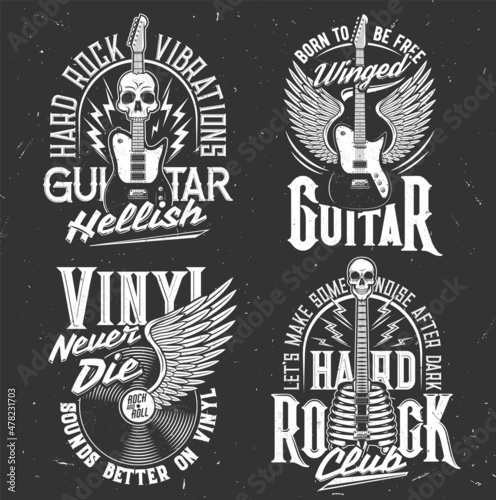 Rock music t-shirt prints with skull and guitar, vector rocker club and concert festival emblems. Hard rock music signs with vinyl disk on wings, grunge skeleton skull and rockers slogans and quotes