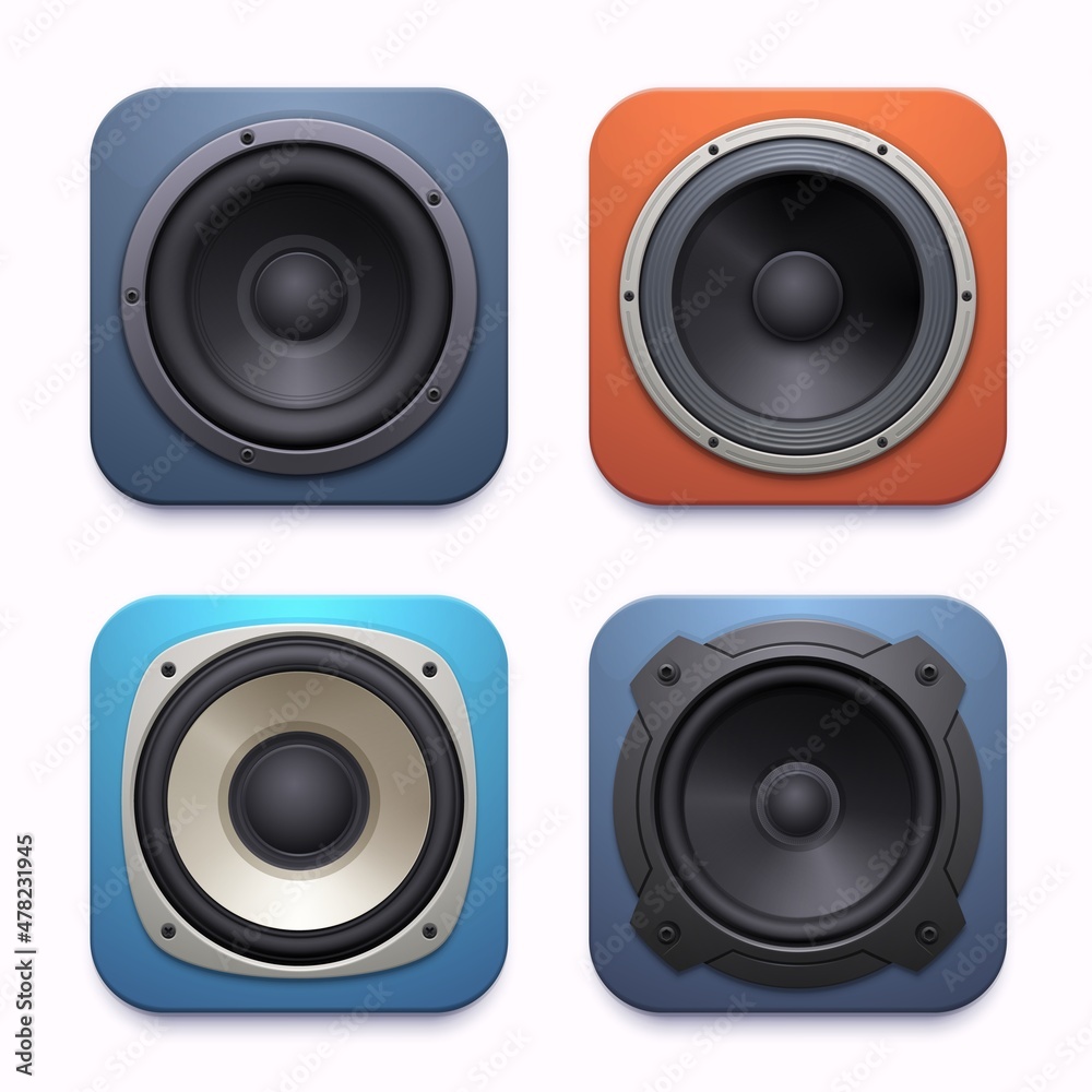 Sound speaker app icon, audio music system or player, vector loudspeaker. Acoustic sound speaker or stereo subwoofer and DJ boombox radio amplifier application icon for mobile phone interface Sound speaker app icon, audio music system or player, vector loudspeaker. Acoustic sound speaker or stereo subwoofer and DJ boombox radio amplifier application icon for mobile phone interface