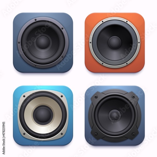 Sound speaker app icon  audio music system or player  vector loudspeaker. Acoustic sound speaker or stereo subwoofer and DJ boombox radio amplifier application icon for mobile phone interface