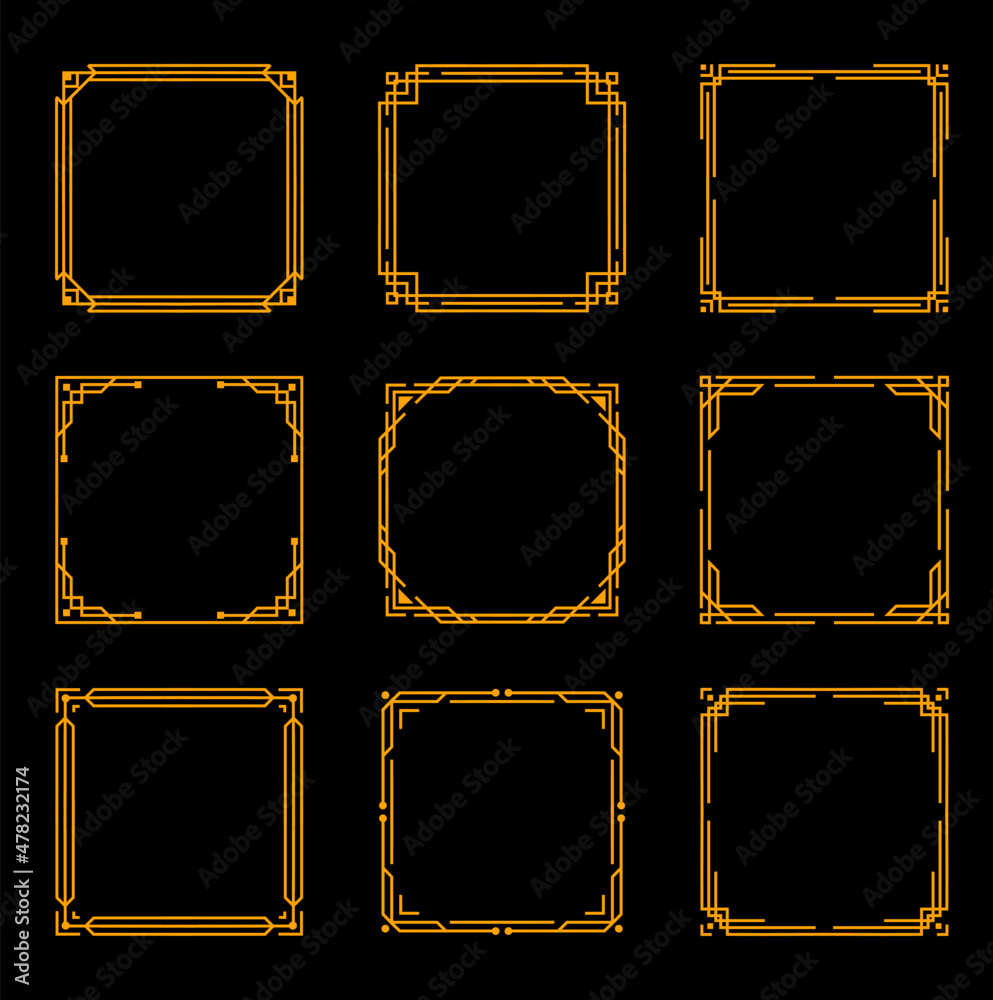 Art deco vintage frames and borders with gold line ornaments on black background. Elegant geometric vector frames with decorative corners and border lines, ornate invitation or greeting card