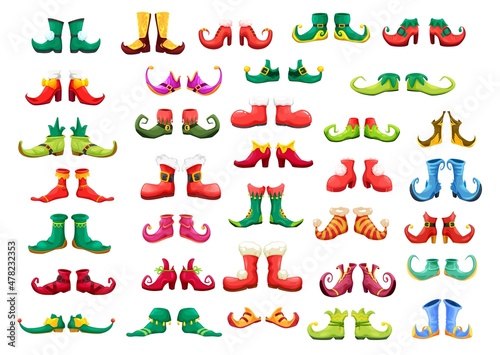 Stampa su Tela Cartoon boots and shoes of Santa, gnome elf or witch, magician warlock, vector icons