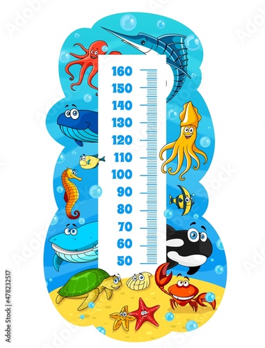 Kids height chart, cartoon sea animals growth measure meter ruler. Cute vector underwater whale, fish and octopus, squid, crab or shell, turtle, sea horse, marlin. Wall sticker with scale for children