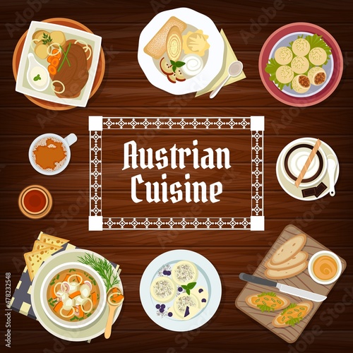 Austrian cuisine menu cover with vector meat and fruit dumplings, dessert and coffee drink frame on wood background. Pork steak, potato goulash and toasts with cheese spread, ice cream and crepe rolls