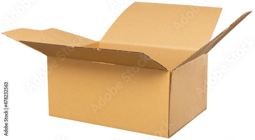 Closeup of opened cardboard carton box. Isolated over white background.