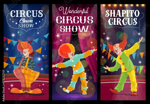 Shapito circus clowns and harlequin characters. Cartoon vector jesters, artists or performers on big top arena. Funsters in bright costumes perform on scene with backstage. Carnival show banners set photo