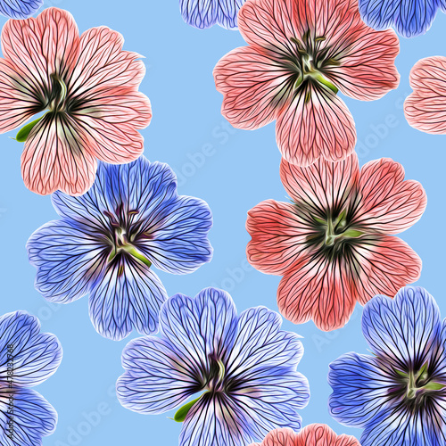 Geranium  pelargonium. Illustration  texture of flowers. Seamless pattern for continuous replication. Floral background  photo collage for textile  cotton fabric. For wallpaper  covers  print.