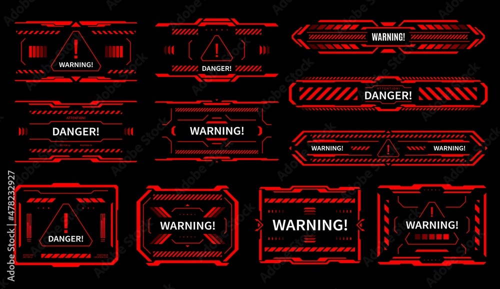 Vecteur Stock HUD danger and alert attention red interface signs. Vector  warning messages and caution text boxes of Sci Fi game ui or gui, head up  display futuristic hologram pop up windows