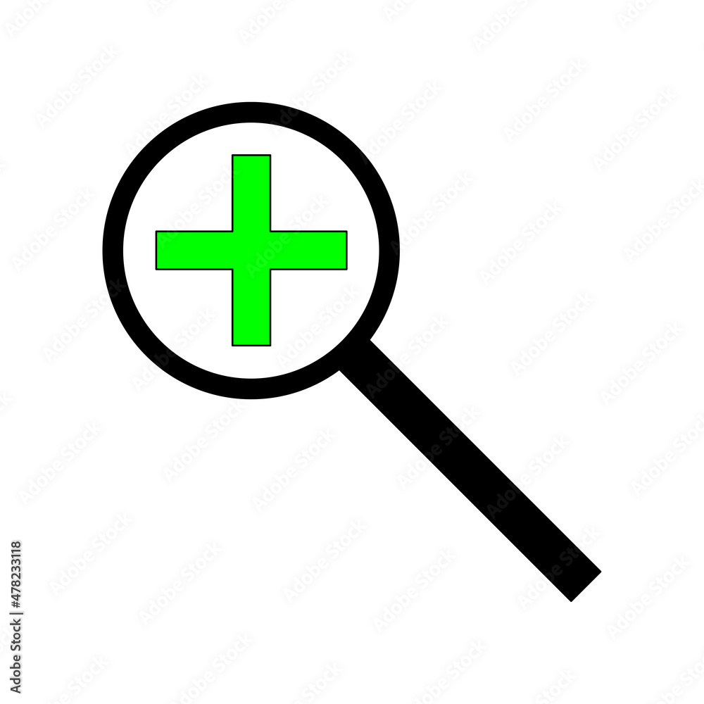 Fototapeta premium Plus in magnifying glass. Green icon. Analysis process. Focus tool. Outline symbol. Vector illustration. Stock image.