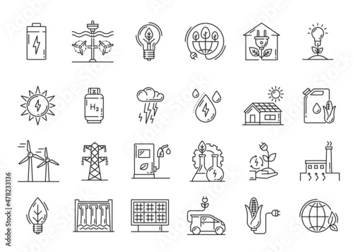 Clean and green energy, environment technology icons. Renewable energy source, bio fuel and electrical transport outline vector icons, thin line symbols, hydrogen, sun and wind power station pictogram