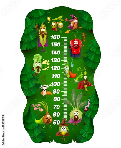Kids height chart, cartoon wizard vegetables growth meter, vector. Measure scale or baby height ruler with pepper and tomato, potato, pea, onion and corn vegetable magician sorcerers with magic wand