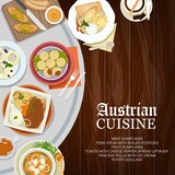 Austrian cuisine menu cover of vector meat food, coffee drinks and dessert dishes. Pork steak, potato goulash and toasts with cheese pepper spread, pork and fruit dumplings, latte and crepe rolls