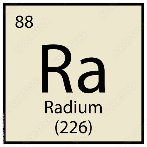 Radium chemical sign. Square frame. Mendeleev table element. Light gray background. Vector illustration. Stock image.