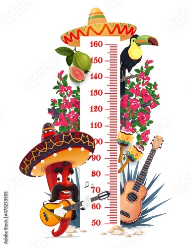 Kids height chart with Mexican mariachi and chili pepper in sombrero, vector growth measure meter. Kid measure scale ruler with Mexican fiesta guitar, bougainvillea, maracas and toucan in agave
