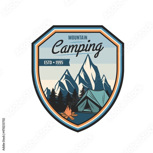 Mountain camping vector icon with tourist camp tent and campfire on nature landscape background with mountain range and pine tree forest. Outdoor adventure, travel, hiking expedition, trekking design