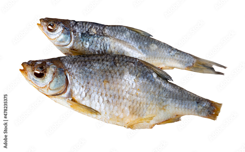 Ukrainian dish, dried salted roach fish, closeup. Isolated over white background