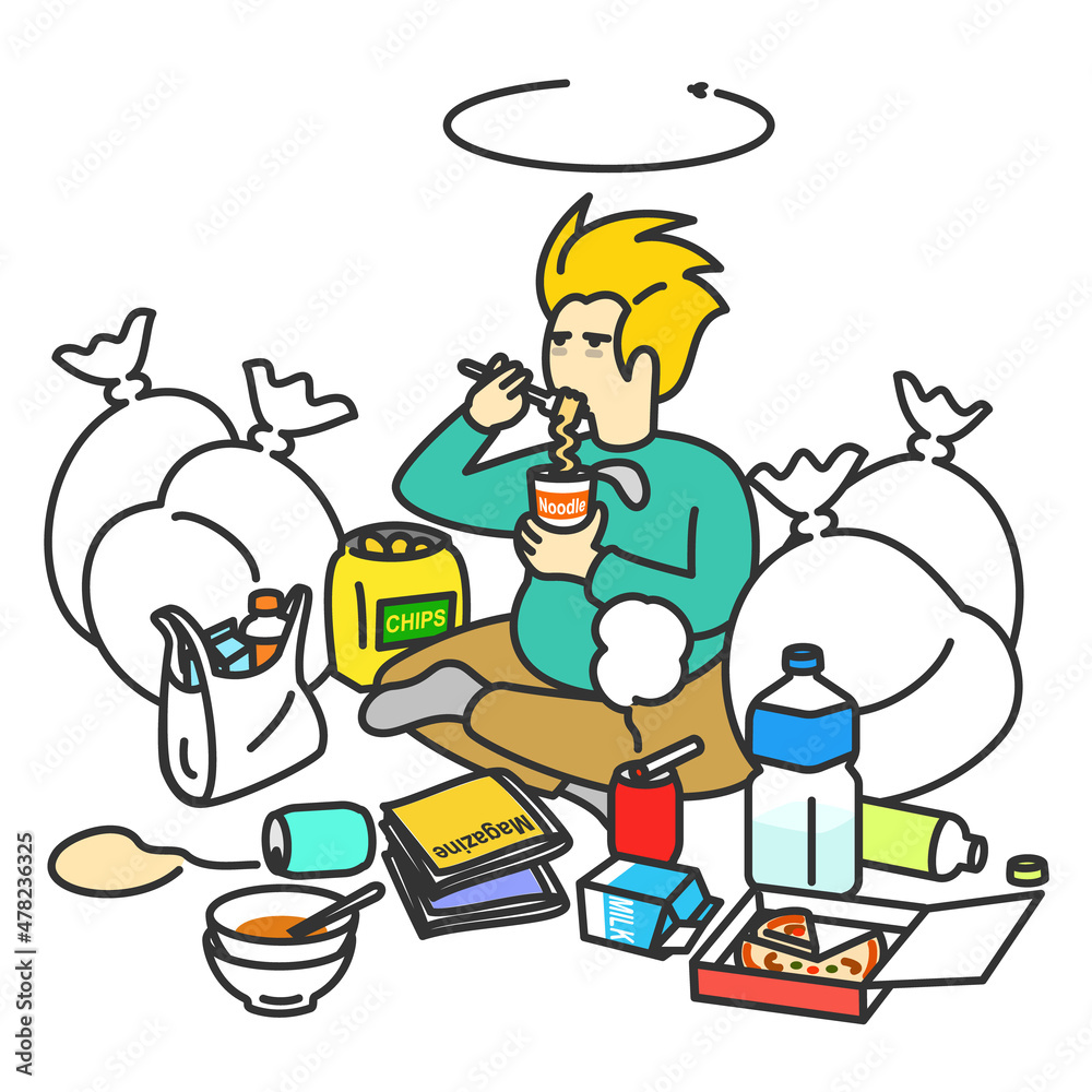 Sloppy man eating noodles in messy room. Sloppy man eating noodles in messy room.