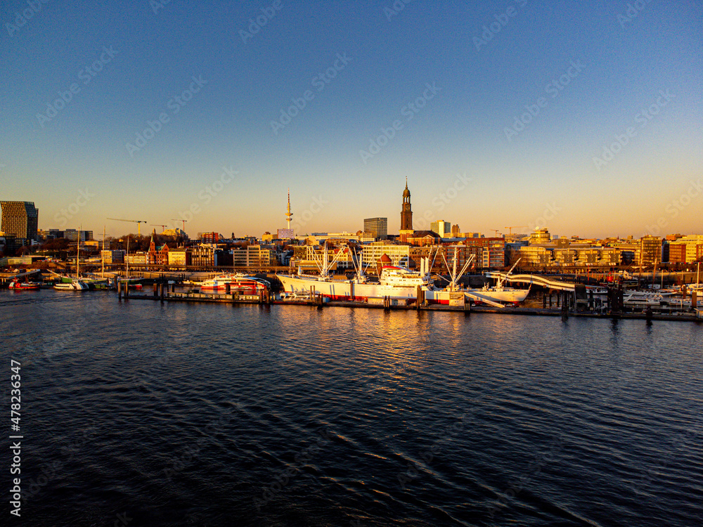 Sunset over Hamburg harbour - aerial view - drone photography Germany from above