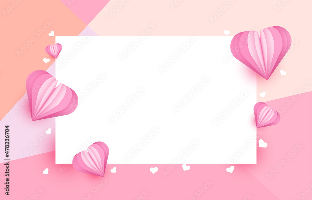 Paper cut elements in shape of heart on rectangular frame has free space.and pink sweet background. Vector symbols of love for Happy Valentine's Day, birthday greeting card design.