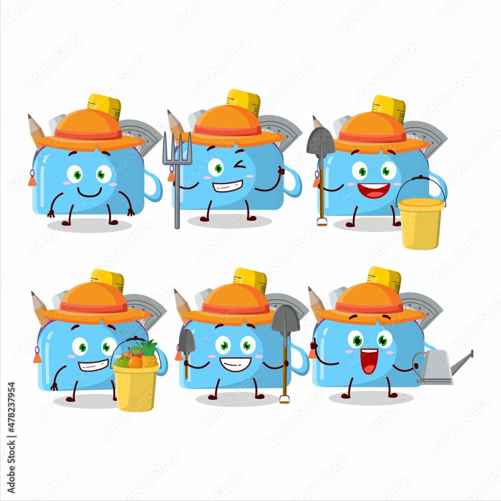 Fototapeta premium Farmer blue pencil case cute mascot character with fork