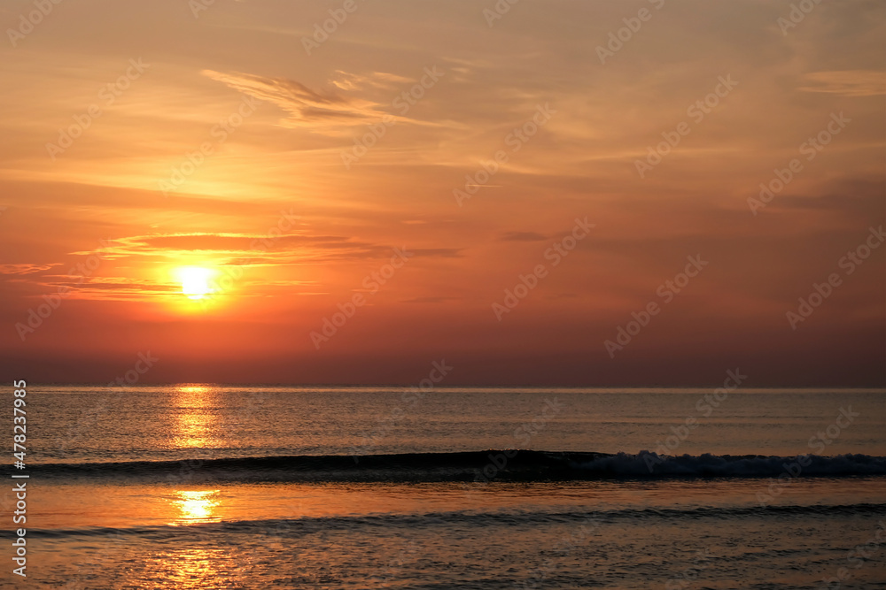 Sunrise Sky over sea in the Morning with colorful Sunrise Cloudy, Horizon sky background with copy space, Vacation travel concept.