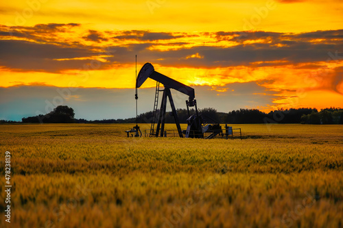 Pumpjack. Oil well
An oil pump jack on the middle of the wheat field with the beautiful sunset sky. A pump jack is a device used in the petroleum industry to extract crude oil from the ground
