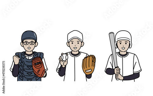 野球部　クラブ活動　部活　練習　スポーツ　ユニフォーム姿の少年　中高生　笑顔　イラスト