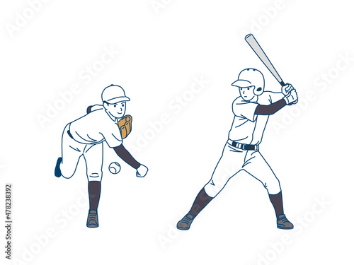 野球部　クラブ活動　部活　練習　スポーツ　ユニフォーム姿の少年　中高生　全身　イラスト