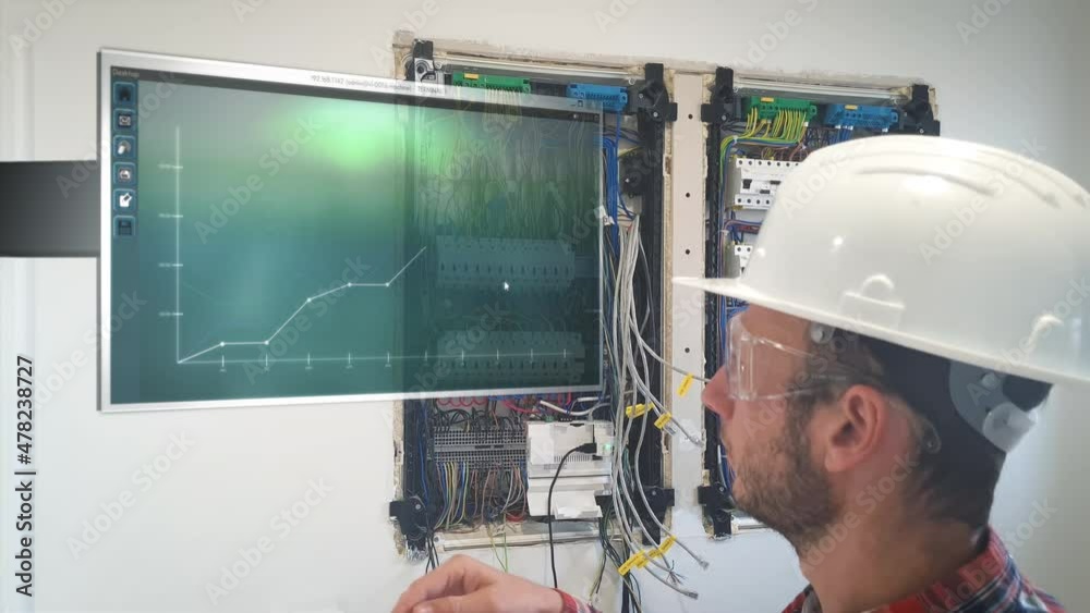 Electrical engineer checking data on a screen while installing electricity - 3d render