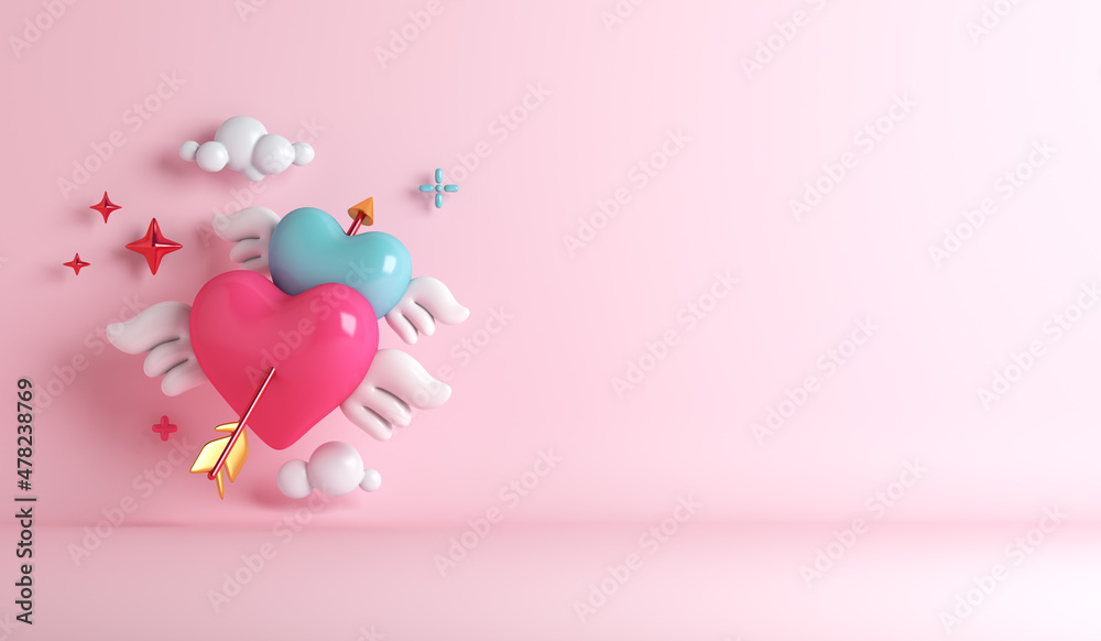 Happy Valentines day background with heart wing arrow, copy space text, 3D rendering illustration