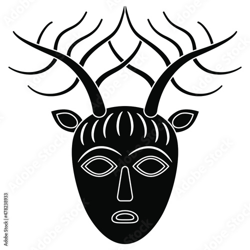 Head of Celtic god Cernunnos. Pagan mask. Horned human male face with deer antlers. Lord of beasts and wild nature. Black and white negative silhouette.